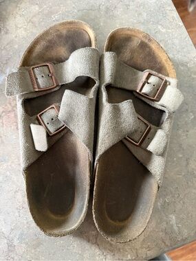 Birkenstock Taupe Suede Double-Buckle Slide Sandals
